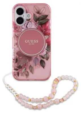 A pink floral iPhone case with a beaded strap.
