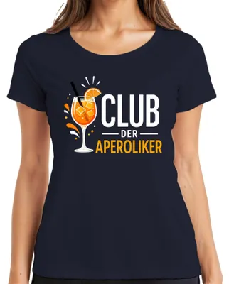 Zdjęcie produktu dla Koszulka damska "Club der Aperoliker Spritz Cocktail", idealna na letnie imprezy i spotkania z przyjaciółkami. Kolor: granatowy. Rozmiar: S
