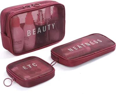 Produktbild von Reise Make-Up Kulturbeutel Beautycase Kosmetik Beutel Tasche Schminktasche Set 3 teilig Rot