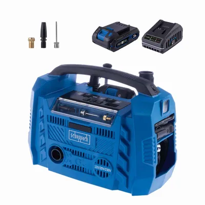 Produktbild von Scheppach Hybrid-Kompressor Airforce 6 - 10,3bar | ölfrei | 2 USB-Anschlüsse | 3 Antriebsarten | inkl. 2Ah Akku + 2,4A Ladegerät