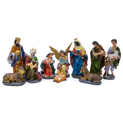 Produktbild von XL Weihnachtskrippe Figuren Set - 10-teilig - Krippen Stall Tisch Dekoration