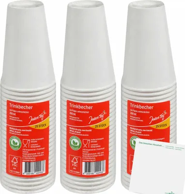 Produktbild von Jeden Tag Papier-Trinkbecher weiß, 0,2l 3er Pack (3x25Stk) + usy Block