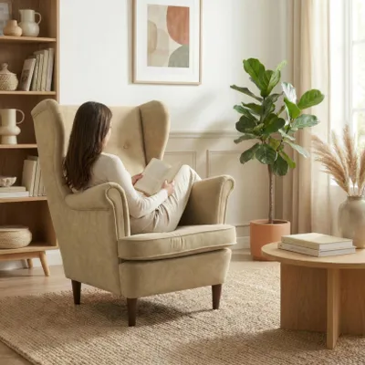 Produktbild von Ohrensessel ARI Aura – skandinavischer Sessel mit Holzbeinen, Stoff Hellbeige, Family Meble
