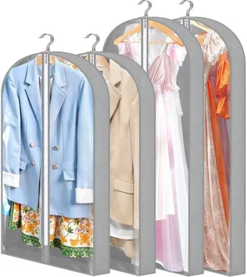 Obrázok produktu pre Sada 4 priehľadných vešiakov na oblečenie, 152 x 60 cm + 100 x 60 cm, priehľadné boxy na oblečenie so zipsom a 10 cm záhybmi.
