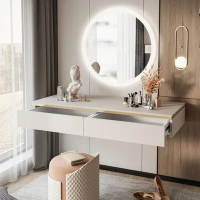 A modern vanity console with a round illuminated mirror, makeup, and decorative items, set in a well-lit room with a window and curtains.