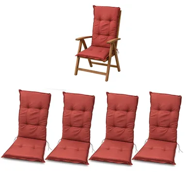 Produktbild von BURI 4x Hochlehner Auflage 117x49x6 cm - wetterfeste Gartenstuhlauflage mit Schaumkern & Vollvlies, Halteband & Bindebänder, bequemes Stuhlpolster für Balkon, Terrasse & Garten (Rot)