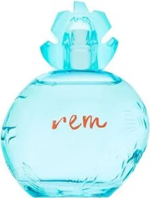 A light blue perfume bottle with an orange label that says "rem".