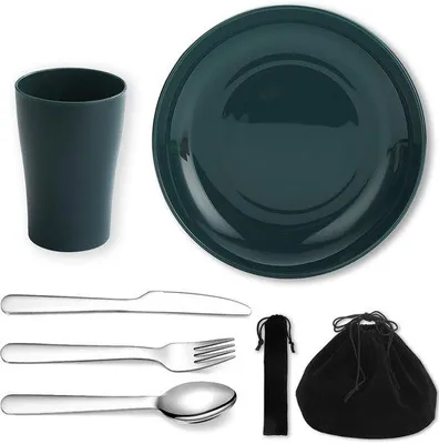 Immagine prodotto di Ibenzoa® Set di posate da campeggio, 5 pezzi – stoviglie da campeggio leggere con piatto e tazza in PP, posate in acciaio inossidabile, lavabili in lavastoviglie, borsa da trasporto nera