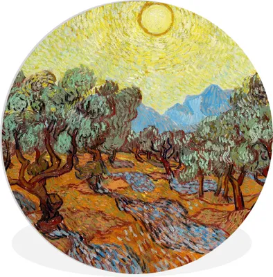 Obrázok produktu pre MuchoWow® Plastová stena kruh - Olivovníky so žltou oblohou a slnkom - Vincent van Gogh - 90