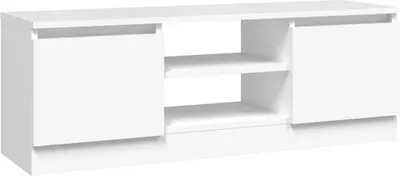 A white TV stand with two doors and two open shelves.