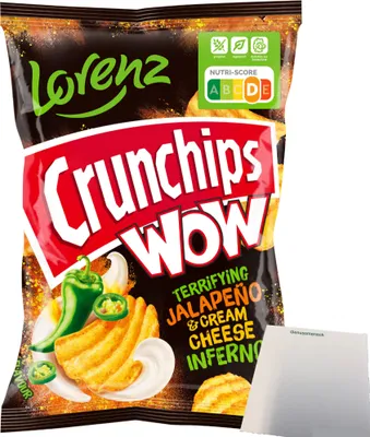 Produktbild von Lorenz Crunchips WOW Jalapeno & Sour Cream geriffelte Kartoffelchips (110g Beutel) + usy Block