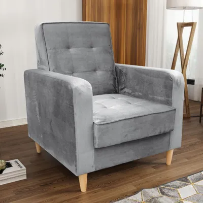 Produktbild von Sessel aus Velourstoff Bamako Loungesessel mit Holzbeine Polstersessel für Wohnzimmer, Stoff: paros 05 - hellgrau