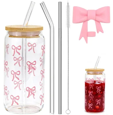 Trinkgläser mit Deckel & Strohhalm, 473 ml, Glas, rosa