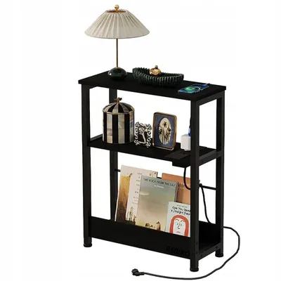 Produktbild von Moderner Nachttisch im Loft-Stil in Schwarz (45 cm) – Stilvoller Schlafzimmertisch mit praktischer integrierter Steckdosenleiste für Smartphone & Co.