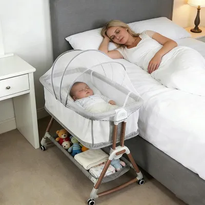 Produktbild von Babybett & Beistellbett - 6 Höhenstufen - Atmungsaktive Matratze - Belüftungsfenster - Schaukelmodus - Schiebesystem - 0–12 Monate - Grau