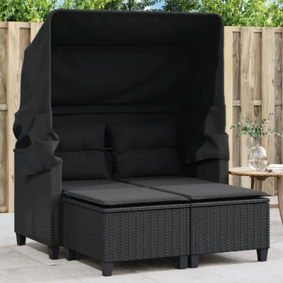 Produktbild von Gartensofa 2-Sitzer mit Dach und Hockern Schwarz Poly Rattan