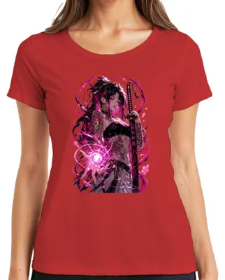 Produktbild von Anime Mädchen Katana Pinke Magie Tattoo Drache Japan Y2K Otaku Damen T-Shirt, Rot, 3XL
