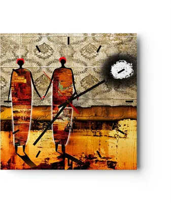 Produktbild von Wanduhr - Quadrat - Glasuhr - Paar afrika wüste folklore - 40x40cm - Schleichendes Uhrwerk - Lautlos - zum Aufhängen bereit - Dekoration Modern - Wanddekoration aus Glas - C3AC40x40-0659