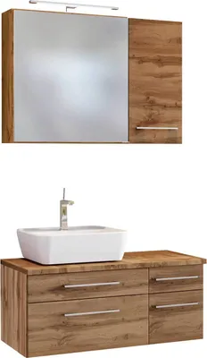 Produktbild von Badmöbel Set inkl. LED-Spiegelschrank 90 cm & Keramik Aufsatzwaschbecken Links TAREE-03 in wotaneiche Nb.