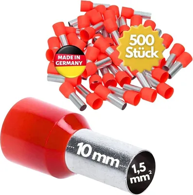 Produktbild von 500 Stück Kalitec AE1510RT Aderendhülsen isoliert 1,5mm² 10mm lang rot I Germany I Industriequalität