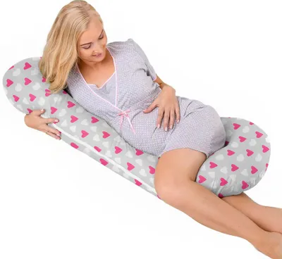 Image de Oreiller de grossesse type C pour les personnes dormant sur le côté et les femmes allaitantes - Cœurs roses