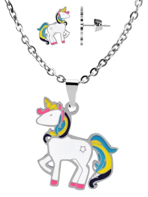 Produktbild von Akzent Schmuckset aus Edelstahl, Kette und Ohrstecker, Einhorn, mehrfarbig