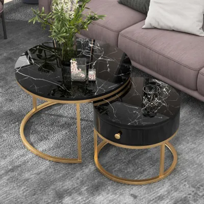 Produktbild von Moderner 2er Couchtisch Hochglanz Marmormuster, Couchtische Runder Nested Beistelltisch