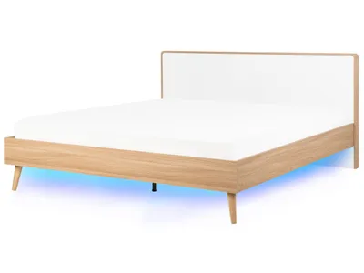 Produktbild von BELIANI Bett Hellbraun und Weiß MDF-Platten Holzoptik mit Lattenrost 180 x 200 cm Kopfteil LED-Beleuchtung Skandi Klassisch Schlafzimmer Doppelbett