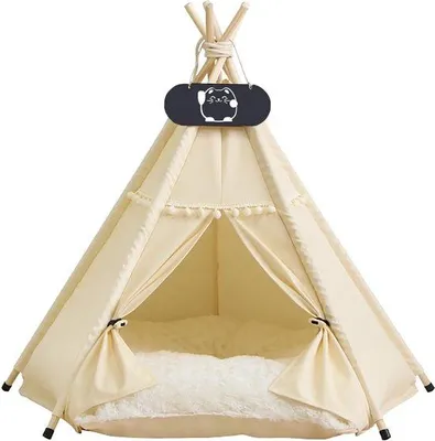 Zdjęcie produktu dla Namiot dla psów i kotów Unyqoos® typu tipi – stylowy namiot dla zwierząt wykonany z bawełny, z odpinanym poduszką (wypełnienie PP) z obu stron, 10 słupków sosnowych, 5 osłon na nóżki (wewnętrzne i zewnętrzne), do 15 kg