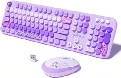 A purple wireless keyboard and mouse set with a USB receiver on a white background.