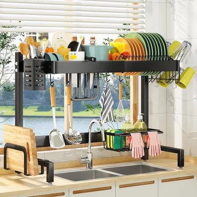 Image de Étagère amovible, étagère amovible pour lave-vaisselle, extensible (50,5 à 86 cm), grande étagère amovible en acier inoxydable avec support pour ustensiles de cuisine et chariot pour lave-vaisselle, noir