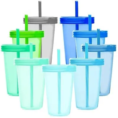 Zdjęcie produktu dla Kubki plastikowe ze słomkami zestaw 9 sztuk 500 ml na imprezy