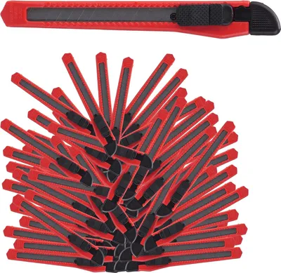 Produktbild von Relaxdays Cuttermesser 100er Set, sicheres Einrasten, 9mm Abbrechklingen, Messer für Kartons & Tapete, zum Basteln, rot