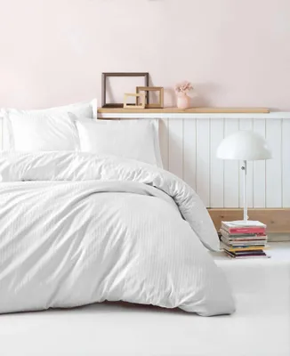 Image de Parure de Lit Housse de Couette Satin, 140 x 200cm, 1 Taie d'Oreiller 60 x 60 cm, Imprimé Rayures Blanc