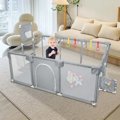 Produktbild von Laufstall Baby Faltbar,Laufgitter mit Basketballkorb,Fußballnetzen,50 Spielbällen,Krabbelgitter mit atmungsaktivem Netz 180x120x66cm Dunkelgrau