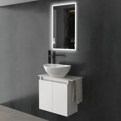 Produktbild von Alpenberger Aufsatzwaschbecken mit Unterschrank und LED Spiegel, hängend, Kompletter Waschplatz aus Keramik & MDF/MFC mit Touch LED Spiegel, WC Waschbecken mit Unterschrank für Gäste-WC
