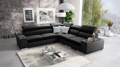 Produktbild von Ecksofa mit Schlaffunktion Eckcouch PERS III Sofa (Schwarz SAWANA 14 + schwarzes Kunstleder, Rechts)