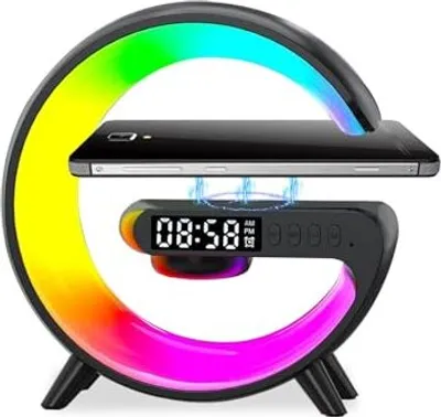 Produktbild von Nachttischlampe mit Uhr und Ladestation 5W Radiowecker mit Licht und Ladefunktion Dimmbar G Lampen LED Lampe Bluetooth Lautsprecher Intelligente Schwarz