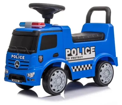 Obrázok produktu pre Detské autíčko Mercedes-Benz Antos Policejné pre deti vo veku 1–3 roky – autíčko na posúvanie s klaksónom, policajným majákom a úložným priestorom, ochranou proti prevráteniu a 98 % predmontážou – detské policajné autíčko, modré