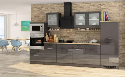 Produktbild von Küchenblock Mailand 330 cm grau hochglanz mit Glaskeramik Kochfeld Backofen Mikrowelle Kühlschrank Dunsthaube und Spüle
