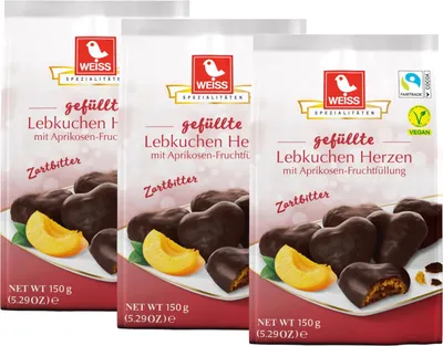 Produktbild von Weiss gefüllte Lebkuchen Herzen Zartbitter mit Aprikosen Füllung 150g (3er Pack)