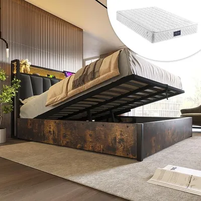 Produktbild von Polsterbett 140x200cm, Hydraulisch Doppelbett mit Stauraum und Lattenrost, LED Kopfteil mit USB Ladefunktion, Stauraumbett Metallbett Jugendbett Bettgestell, Leinen (Grau, Mit Matratze, 140x200cm)