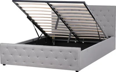 Produktbild von BELIANI Polsterbett Hellgrau Stoff mit Lattenrost 160 x 200 cm Bettkasten Hochklappbar Hohes Kopfteil Doppelbett Elegantes Modernes Chesterfield Design