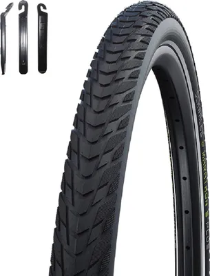 Image de 1 pneu Schwalbe Marathon E-Plus Smart D-Guard E-50, noir avec bandes réfléchissantes, 28 x 2,15 (55-622), comprenant des démonte-pneus