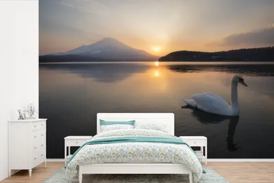 Produktbild von MuchoWow® Fototapete für Wohnzimmer oder Schlafzimmer Wandtapete Vinyl Motivtapete Schwan - Berg - Sonne - 525x350 cm - Das Hintergrundbild