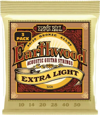 Zdjęcie produktu dla Struny do gitary akustycznej Ernie Ball Earthwood Extra Light, 80/20-brązowe, 3-pak, rozstaw 10-50