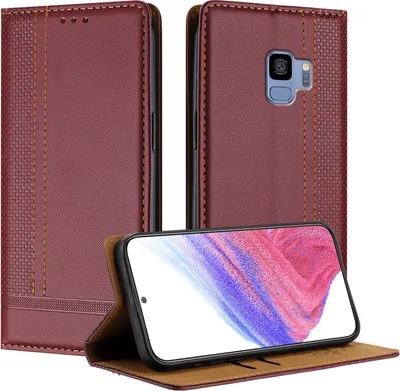 Produktbild von Handyhülle für Samsung Galaxy S9 Leder Flip Klappbare Schutzhülle mit Standfunktion Dunkelrot