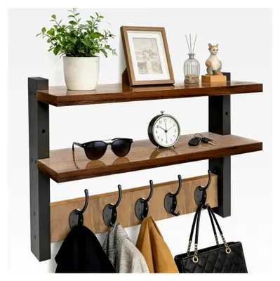 Produktbild von Holzgarderobenleiste mit 2 Ablagen und 5 Metallhaken, Wandgarderobe für Flure, Wohnzimmer und Badezimmer, Retro Kleiderhakenregal, 41x29x12cm