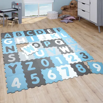 Image de Tapis puzzle Tapis de jeu Tapis en mousse Tapis pour bébés et enfants Garçon Chiffres Lettres Bleu pastel 36 pièces de puzzle Dimensions 32 x 32 cm x 36 pièces