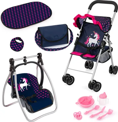 Produktbild von Bayer Design 21554AB Faltbarer Puppenbuggy mit Dach, Doppelräder, Tasche, Wickelunterlage, Wiege, Zubehör